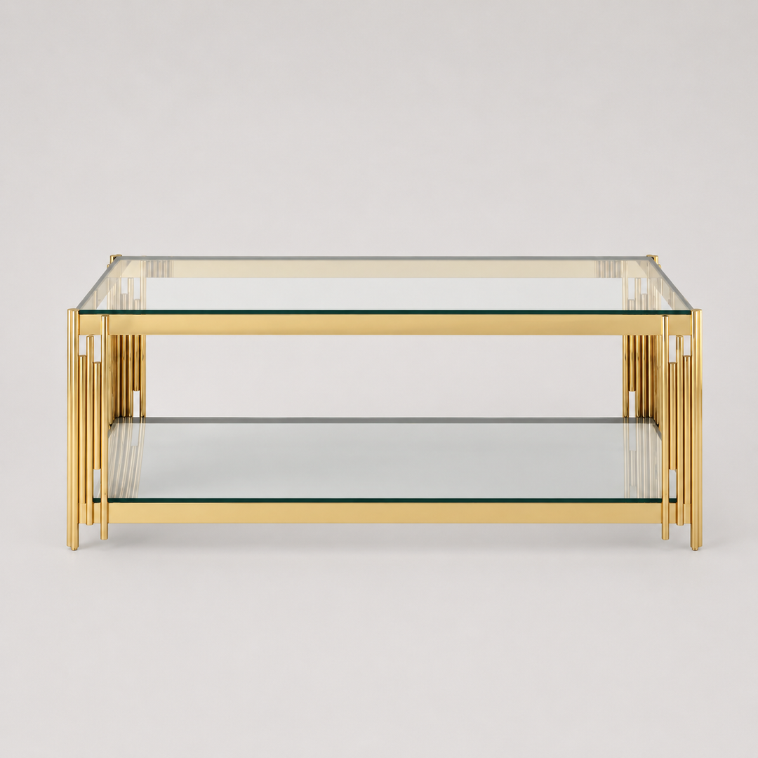 Altura 2-Tier Coffee Table – Tempered Glass & Gold Stainless Steel Frame