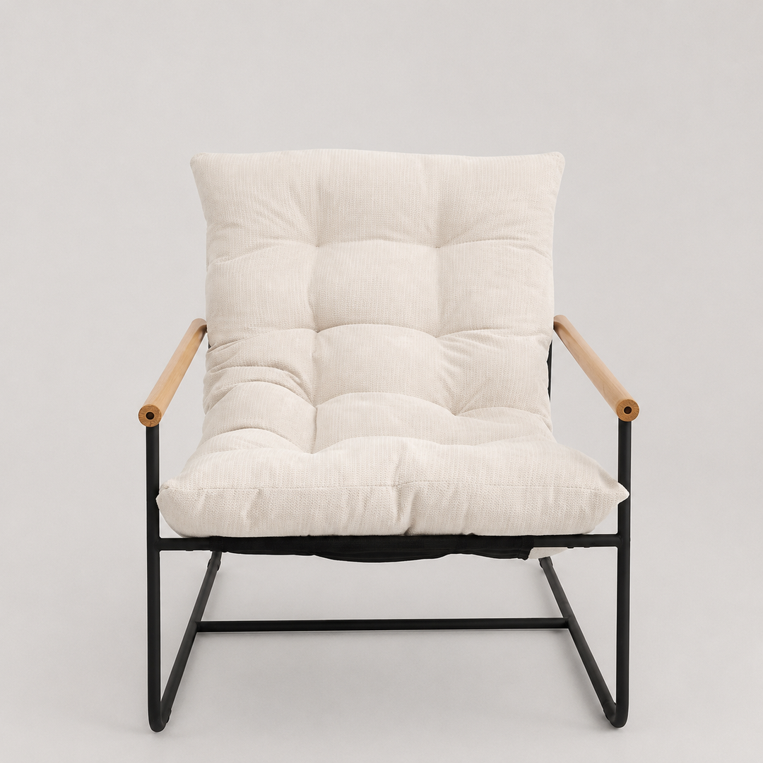 Liorven Modern Accent Lounge Chair – Plush Tufted Cushion with Natural Wood Armrests & Black Metal Frame