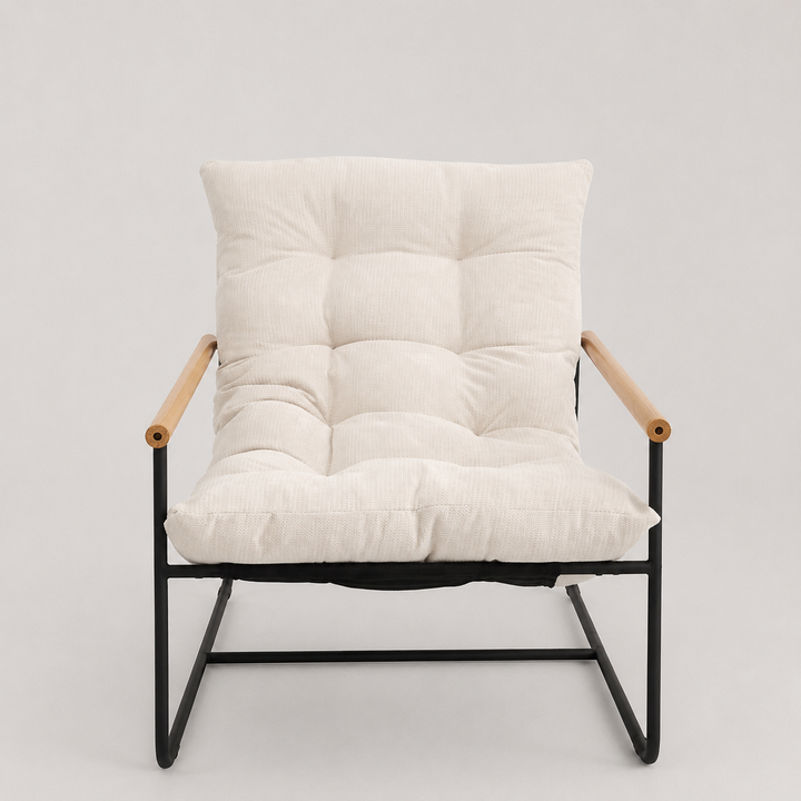 Liorven Modern Accent Lounge Chair – Plush Tufted Cushion with Natural Wood Armrests & Black Metal Frame