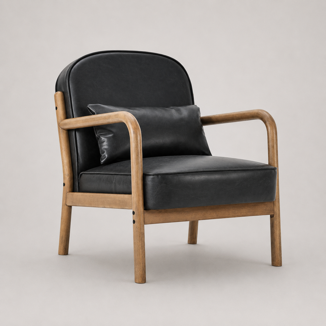Summit Wooden Accent Chair in Leather Upholstery - Black/ Walnut | Vintage Style, Durable & Comfortable