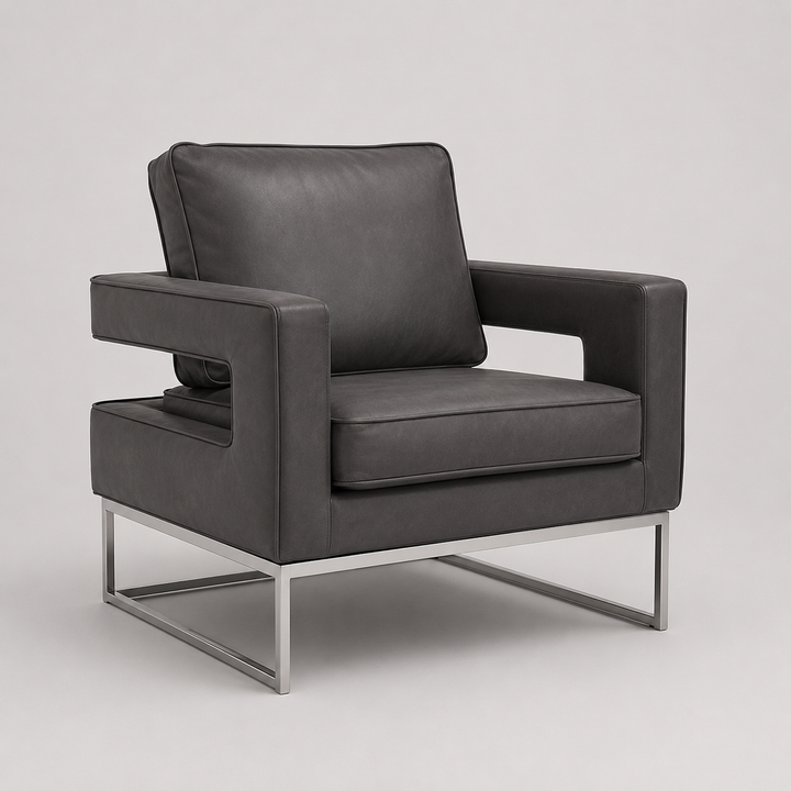 Mavirex Accent Chair – Grey Velvet Upholstered Chair with Stainless Steel Chrome Finish