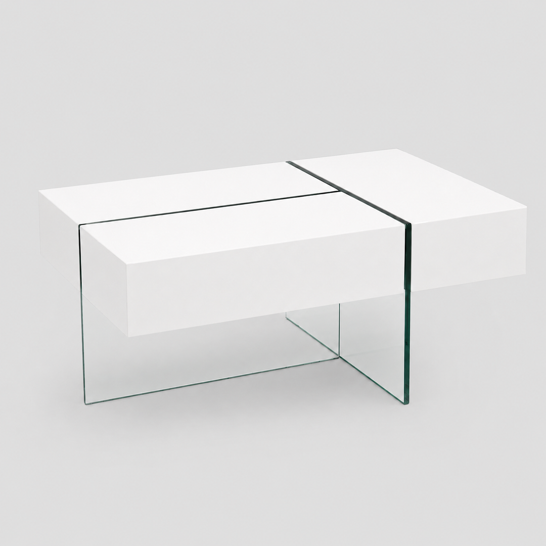 Umbra Modern Coffee Table with High-Gloss White Top, Tempered Glass Base & Hidden Storage Drawers