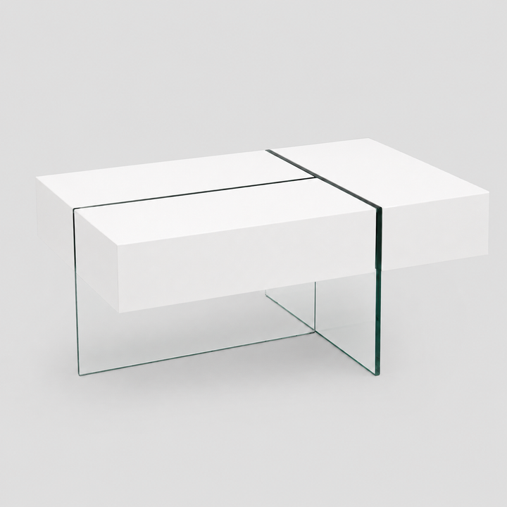 Umbra Modern Coffee Table with High-Gloss White Top, Tempered Glass Base & Hidden Storage Drawers