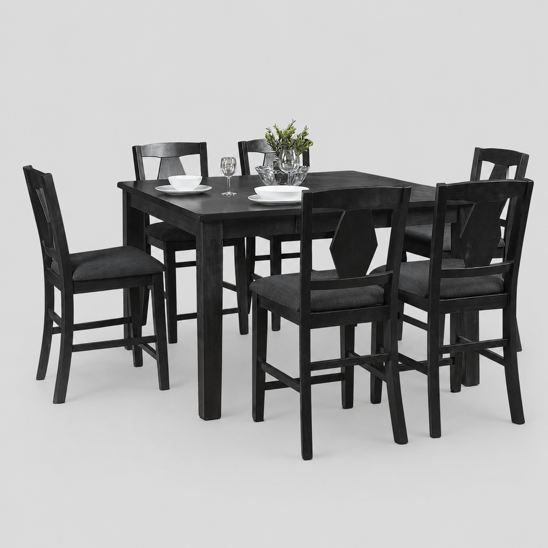 Nova Wooden Dining Table Set For 6 With Fabric Upholstered Chairs - Dark Grey | Mid-Century Modern, Pub-Height, Durable, Extendable & Comfortable