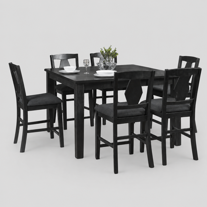Nova Wooden Dining Table Set For 6 With Fabric Upholstered Chairs - Dark Grey | Mid-Century Modern, Pub-Height, Durable, Extendable & Comfortable