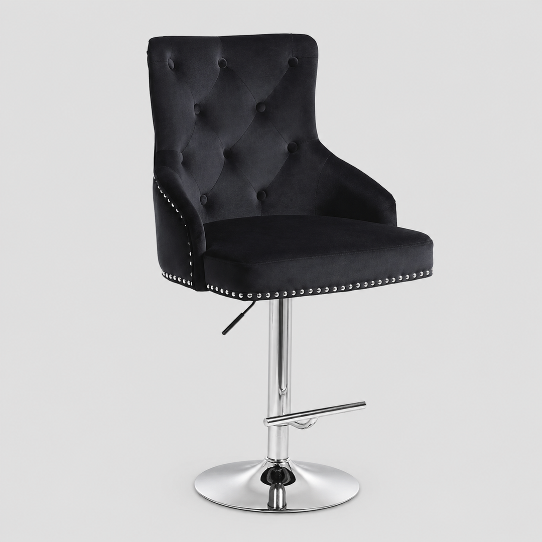 Cevoria Modern Black Velvet Swivel Bar Stool with Adjustable Height Gas Lift, Chrome Metal Frame, Steel Footrest & Nailhead Detail for Kitchen Island, Counter & Bar Seating (1 Piece)