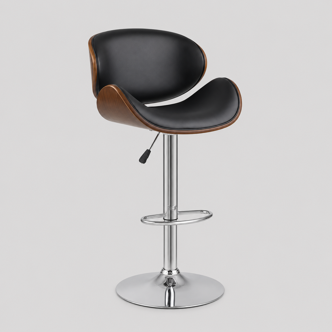 Fiorenzo Bar Stool – Modern Black PU Swivel Stool with Bentwood Back, Adjustable Height &amp; Chrome Frame