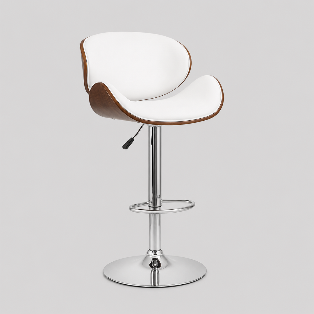 Fiorenzo 2-Piece Bar Stool Set – Modern White PU Swivel Stools with Bentwood Back, Curved Ergonomic Design, Adjustable Height & Chrome Frame
