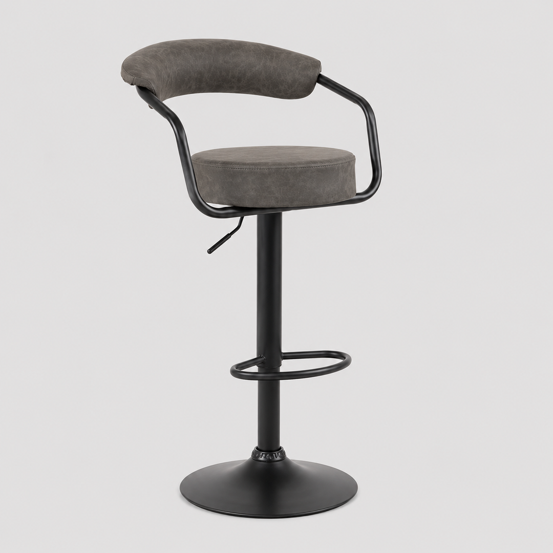 Grevano 2-Piece Bar Stool Set – Modern Grey PU Swivel Stools with Curved Ergonomic Backrest, Adjustable Height Gas Lift & Black Metal Frame