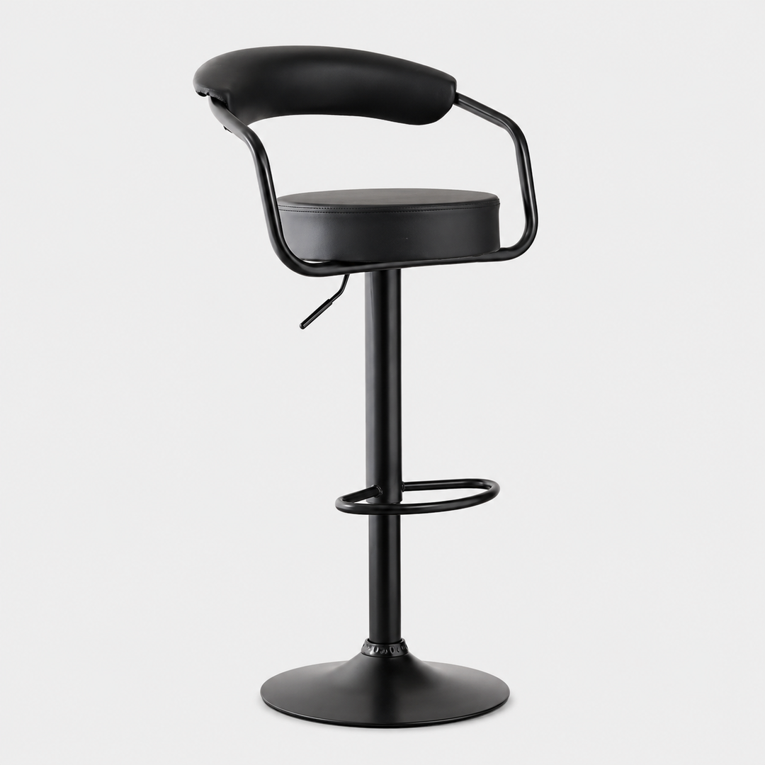 Grevano 2-Piece Bar Stool Set – Modern Black PU Swivel Stools with Curved Ergonomic Backrest, Adjustable Height Gas Lift &amp; Black Metal Frame
