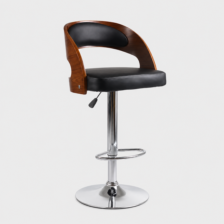 Elvario Modern Black PU Swivel Bar Stool with Bentwood Back, Curved Ergonomic Design, Adjustable Height Gas Lift & Chrome Frame for Kitchen Island & Counter Seating