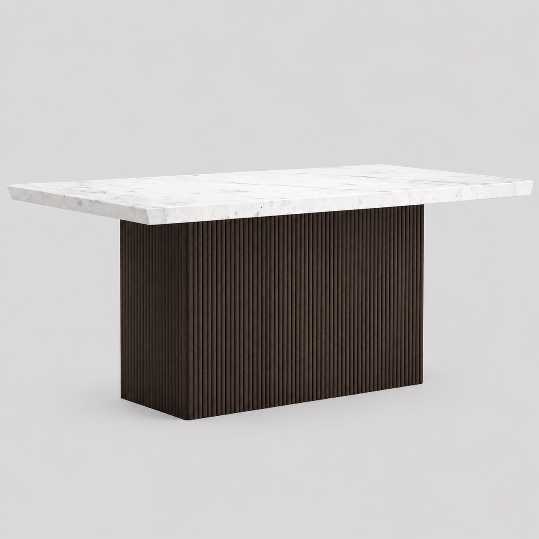 Cedarwood Modern Dining Table – Fluted Mango Wood Base & Marble Top Luxury Style