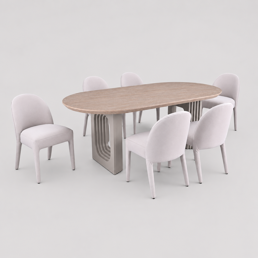 Serenza Beige 7-Piece Dining Set with Pedestal Base Table