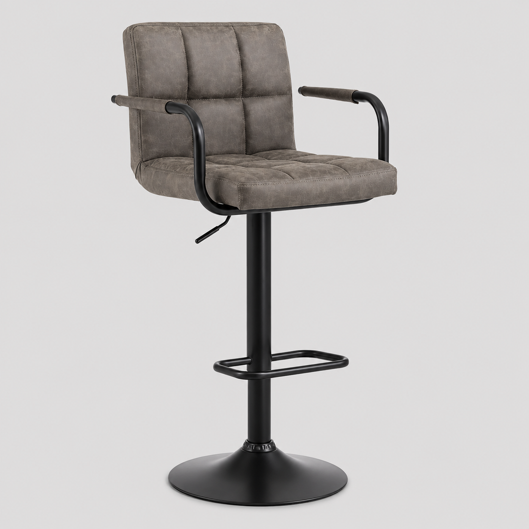 Havistra 2-Piece Bar Stool Set – Modern Grey PU Swivel Stools with Curved Ergonomic Backrest, Steel Arm Rests, Adjustable Height Gas Lift & Black Metal Frame