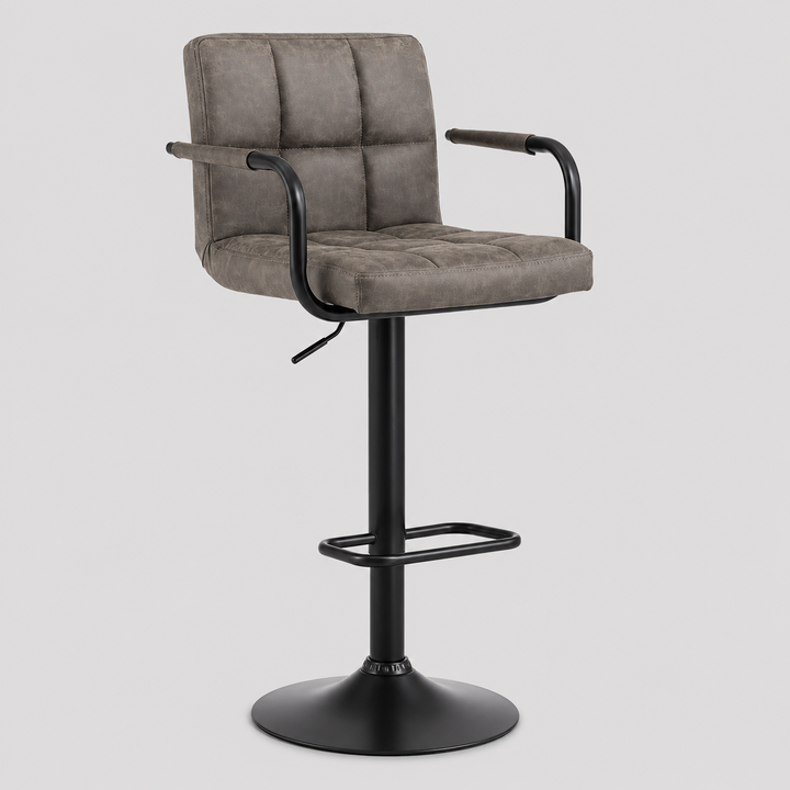 Havistra 2-Piece Bar Stool Set – Modern Grey PU Swivel Stools with Curved Ergonomic Backrest, Steel Arm Rests, Adjustable Height Gas Lift & Black Metal Frame