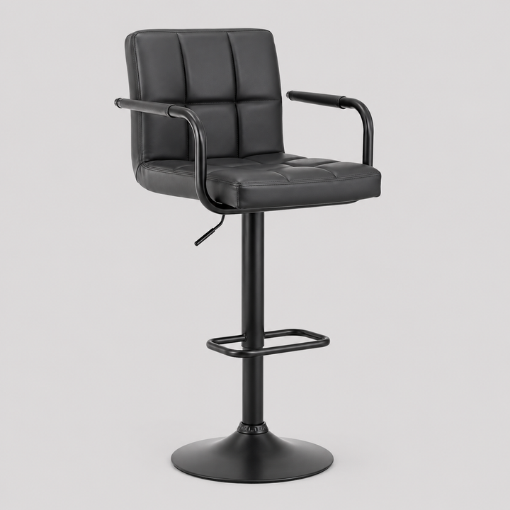 Havistra 2-Piece Bar Stool Set – Modern Black PU Swivel Stools with Curved Ergonomic Backrest, Steel Arm Rests, Adjustable Height Gas Lift & Black Metal Frame