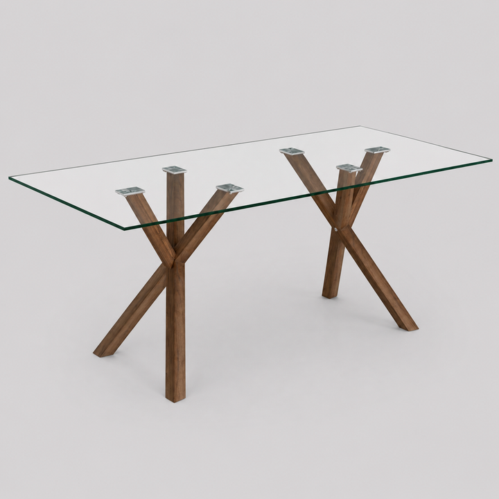 Aeris Contemporary Glass Dining Table – Rectangular Tempered Glass Top with Walnut Finish Metal Legs, Brushed Stainless Steel Holders and Geometric Modern Design Dining Table