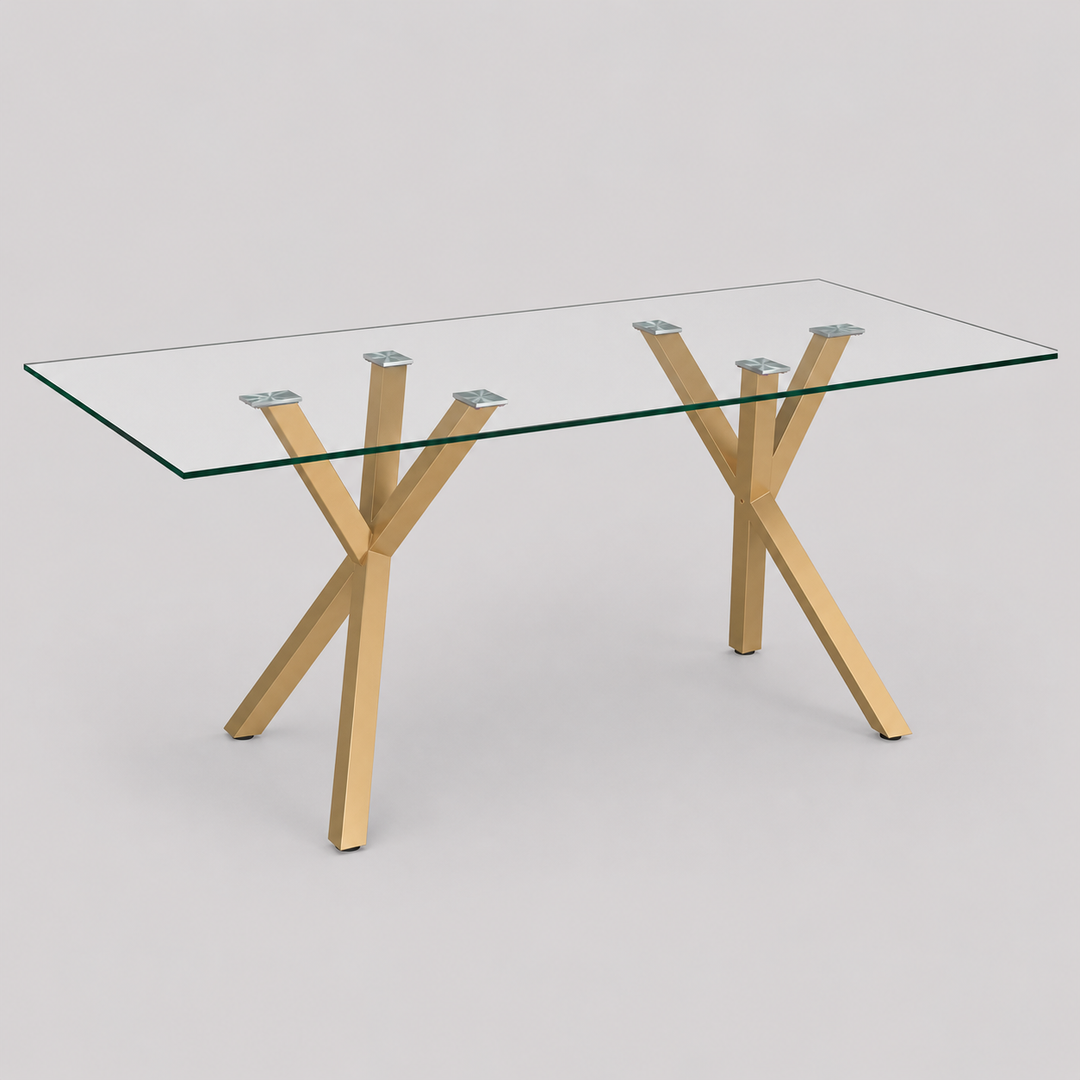 Ravello Contemporary Glass Dining Table – Rectangular Tempered Glass Top with Aged Gold Metal Legs, Brushed Stainless Steel Holders and Geometric Modern Design Dining Table