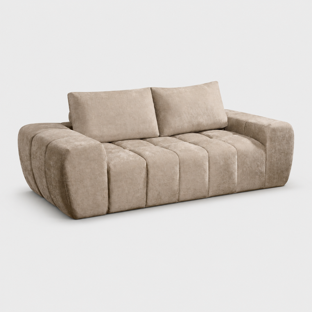 Valdoro Taupe Modern Fabric Sofa with Channel-Tufted Design, Pocket Coil Support & Deep Cushioned Seating