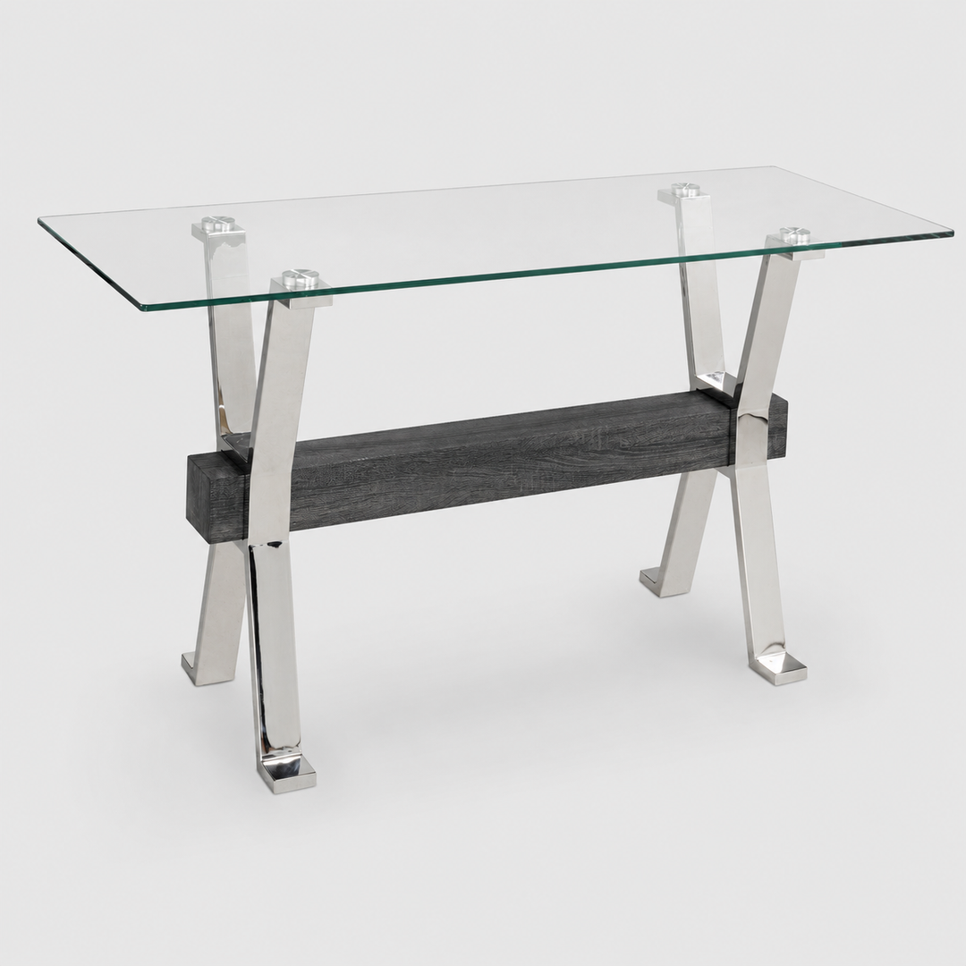 Emri Sofa Table Glass Top with Stainless Steel Base with Chrome-Finish - Grey Silver