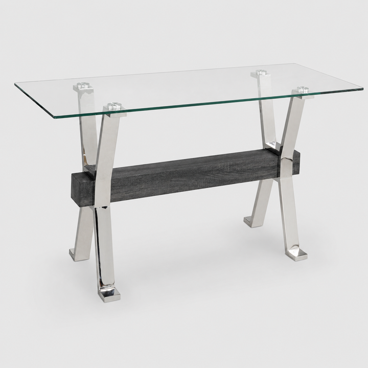 Emri Sofa Table Glass Top with Stainless Steel Base with Chrome-Finish - Grey Silver