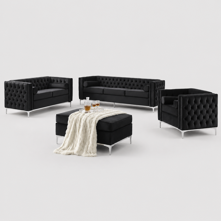 Aurevian Luxury Velvet Sofa Set with Deep Tufting, Nailhead Details, Chrome Legs &amp; Accent Pillows