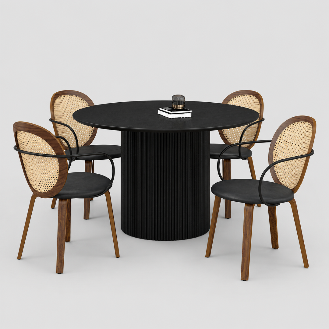 Estavon 5-Piece Mid-Century Modern Round Dining Table Set with 4 Faux Rattan Chairs, Oak Veneer Tabletop & Reeded Pedestal Base – Walnut/Black