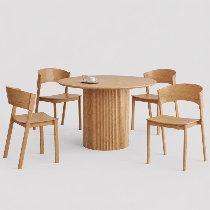 Kervano Modern Round Dining Table Set with 4 Stackable Oak Dining Chairs