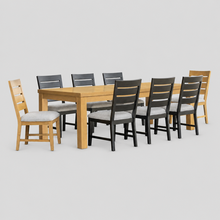 Solviano 9-Piece Luxury Oak & Black Extension Dining Table Set with 8 Upholstered Memory Foam Chairs