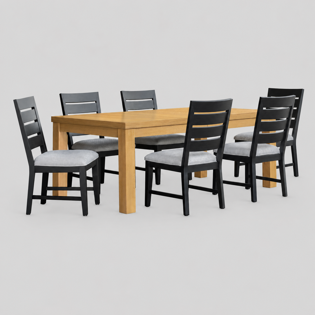 Solviano 7-Piece Luxury Oak & Black Extension Dining Table Set with 6 Upholstered Memory Foam Chairs