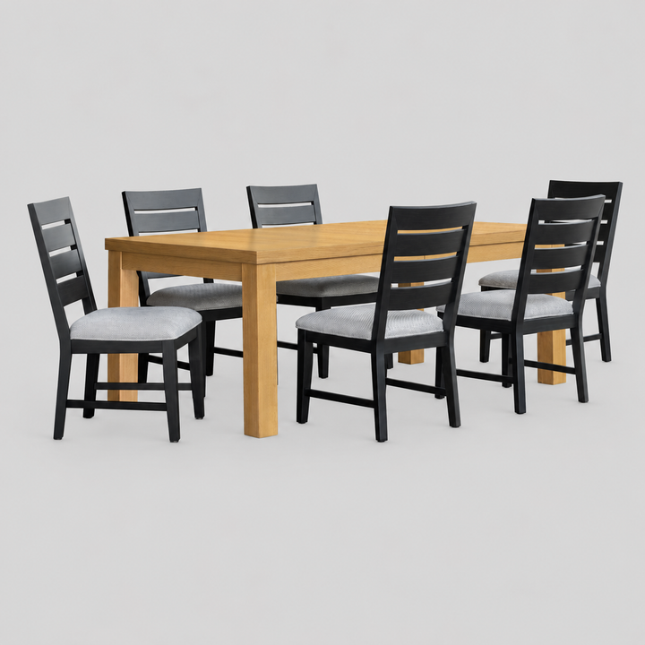 Solviano 7-Piece Luxury Oak & Black Extension Dining Table Set with 6 Upholstered Memory Foam Chairs