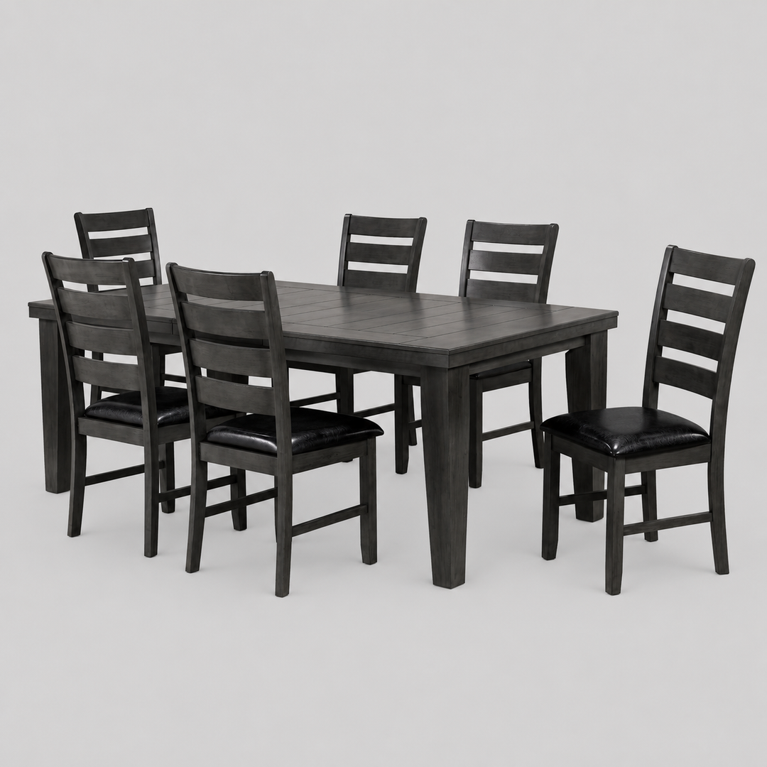 Bravento 7-Piece Classic Grey Butterfly Leaf Dining Table Set with 6 Cushioned Slat Back Chairs