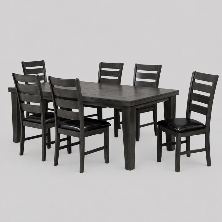 Bravento 7-Piece Classic Grey Butterfly Leaf Dining Table Set with 6 Cushioned Slat Back Chairs