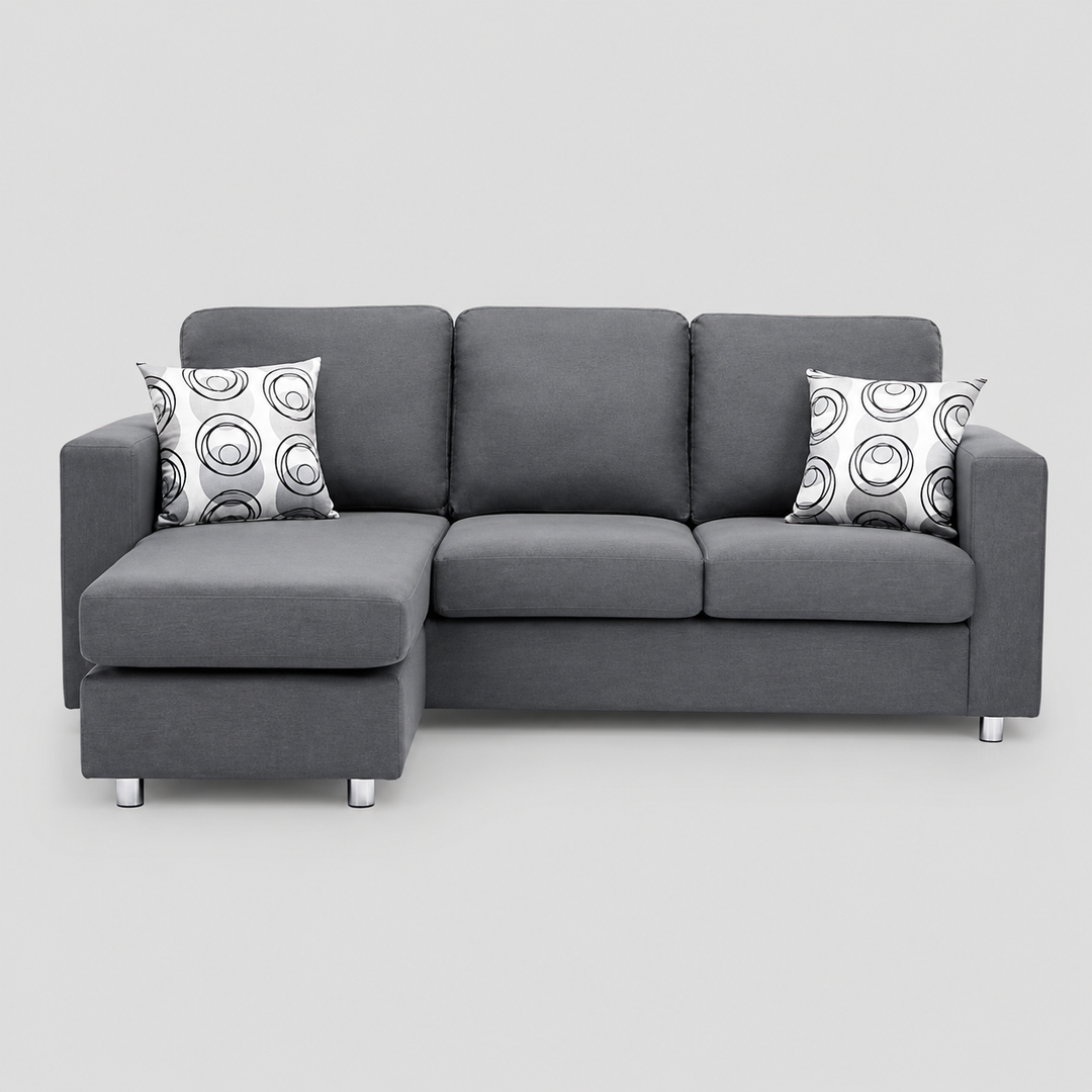 Korvello Reversible Sofa Sectional – Grey Fabric Sofa with Chrome Legs And Accent Pillows