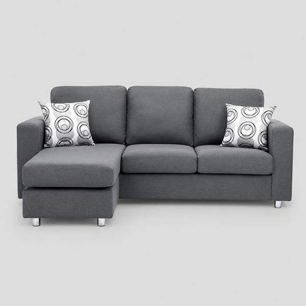 Korvello Reversible Sofa Sectional – Grey Fabric Sofa with Chrome Legs And Accent Pillows