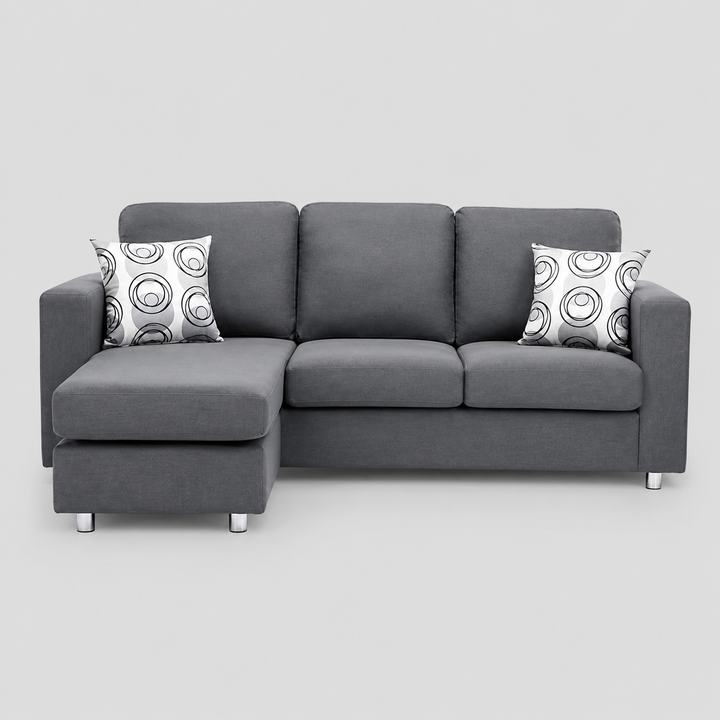 Korvello Reversible Sofa Sectional – Grey Fabric Sofa with Chrome Legs And Accent Pillows