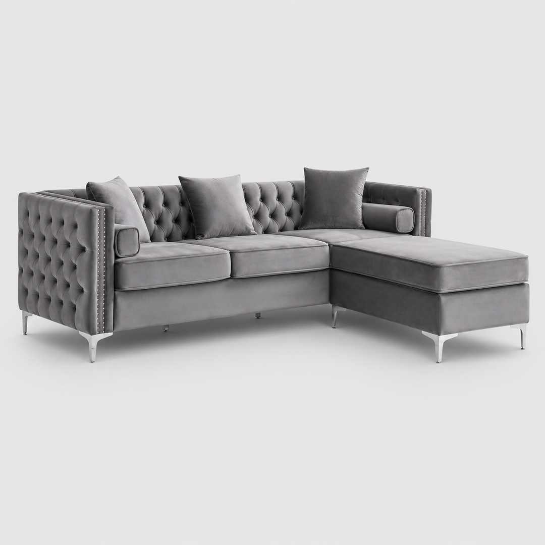 Zenviora Sofa Sectional – Grey Velvet Reversible Sofa with Deep Tufting, Nailhead Details, Chrome Legs &amp; Accent Pillows (With Ottoman)