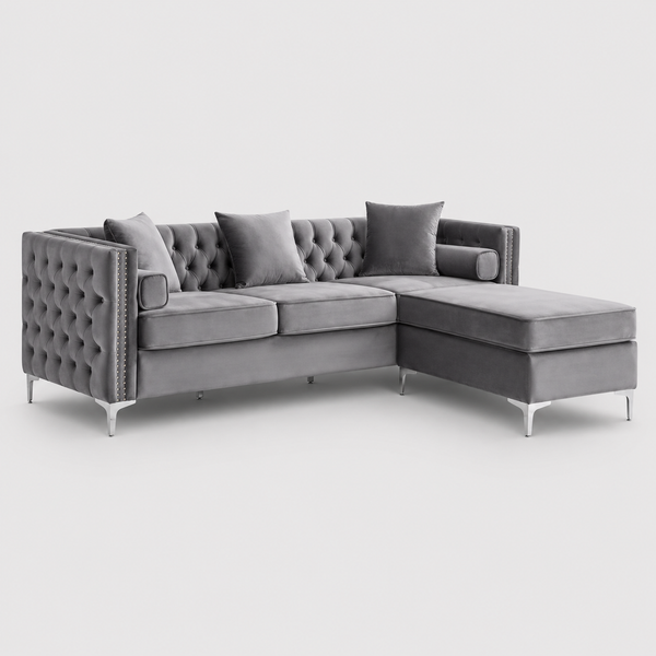 Zenviora Sofa Sectional – Grey Velvet Reversible Sofa with Deep Tufting, Nailhead Details, Chrome Legs &amp; Accent Pillows (With Ottoman)