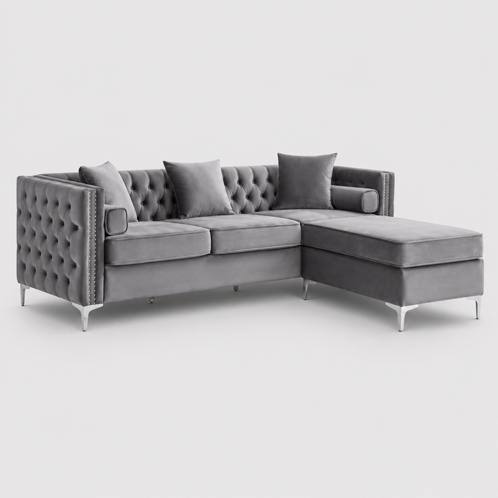 Zenviora Sofa Sectional – Grey Velvet Reversible Sofa with Deep Tufting, Nailhead Details, Chrome Legs &amp; Accent Pillows (With Ottoman)
