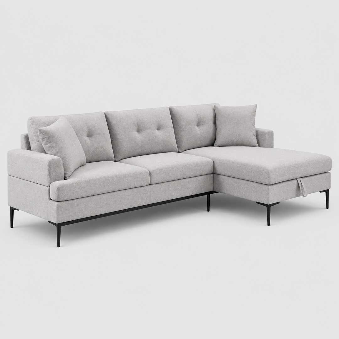 Kelvexa Sectional Sofa – Right Hand Facing Chaise with Pull Up Storage, Button Tufted Back, Black Metal Legs