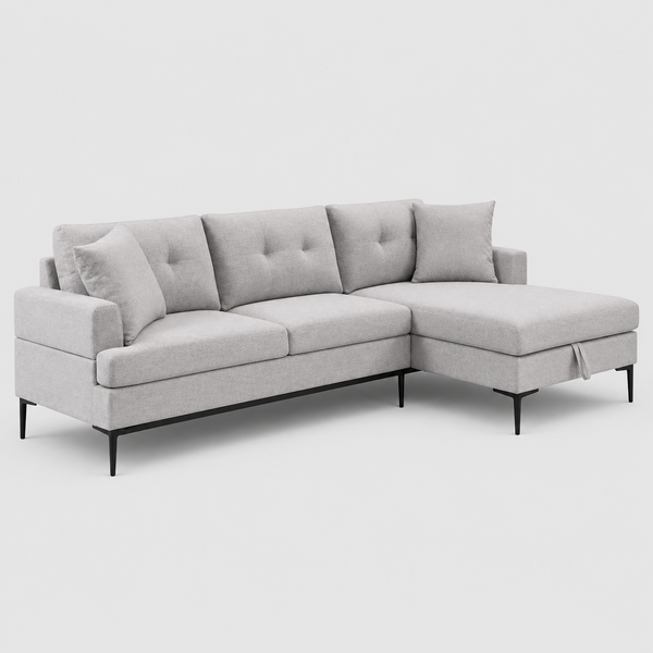 Kelvexa Sectional Sofa – Right Hand Facing Chaise with Pull Up Storage, Button Tufted Back, Black Metal Legs