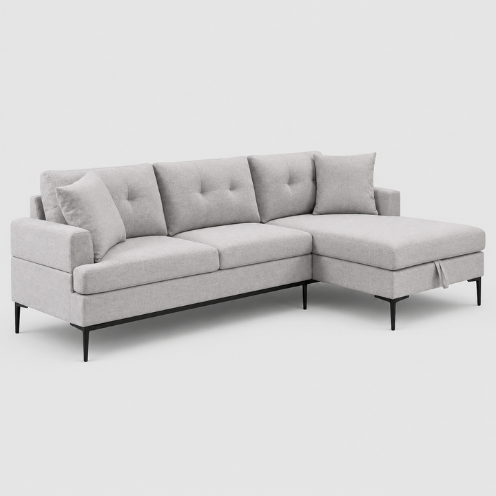 Kelvexa Sectional Sofa – Right Hand Facing Chaise with Pull Up Storage, Button Tufted Back, Black Metal Legs