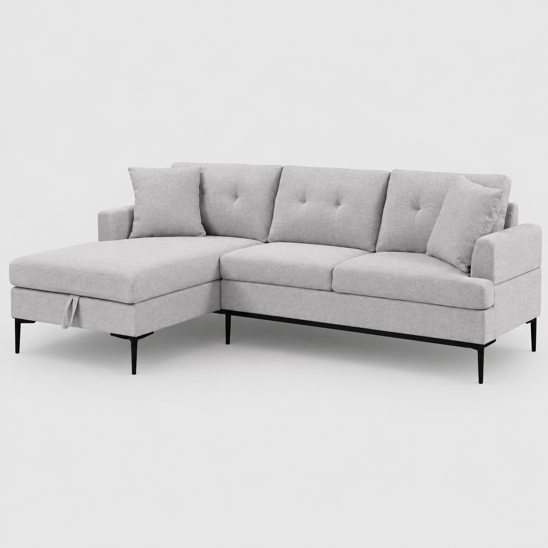 Kelvexa Sectional Sofa – Left Hand Facing Chaise with Pull Up Storage, Button Tufted Back, Black Metal Legs