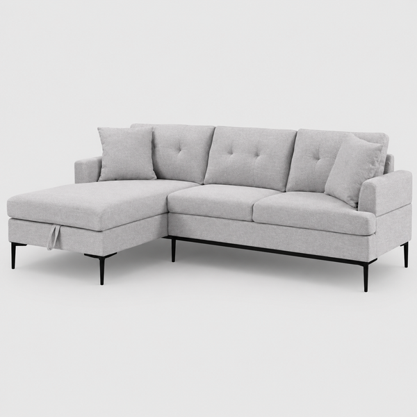 Kelvexa Sectional Sofa – Left Hand Facing Chaise with Pull Up Storage, Button Tufted Back, Black Metal Legs