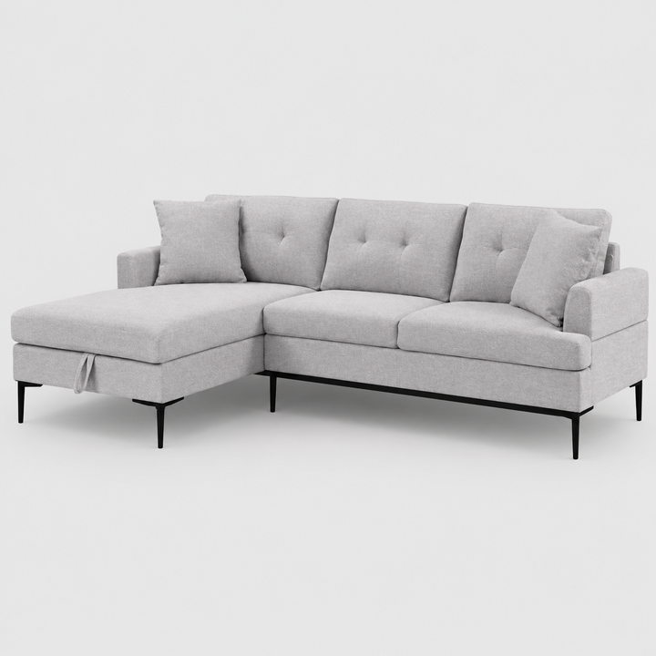 Kelvexa Sectional Sofa – Left Hand Facing Chaise with Pull Up Storage, Button Tufted Back, Black Metal Legs
