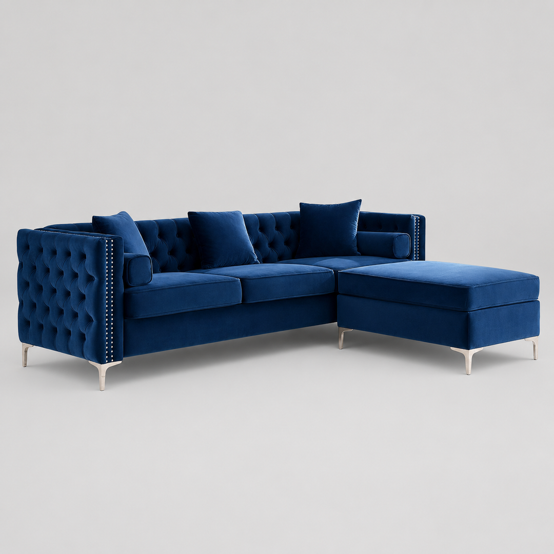 Cove Reversible Sectional Sofa In Velvet Upholstery -  Blue | Elegant, Resilient & Comfortable