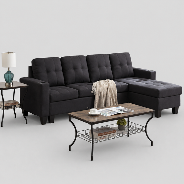 Willow Fabric Upholstered Sectional Sofa - Black | Modern, Sturdy, Comfortable & Reversible