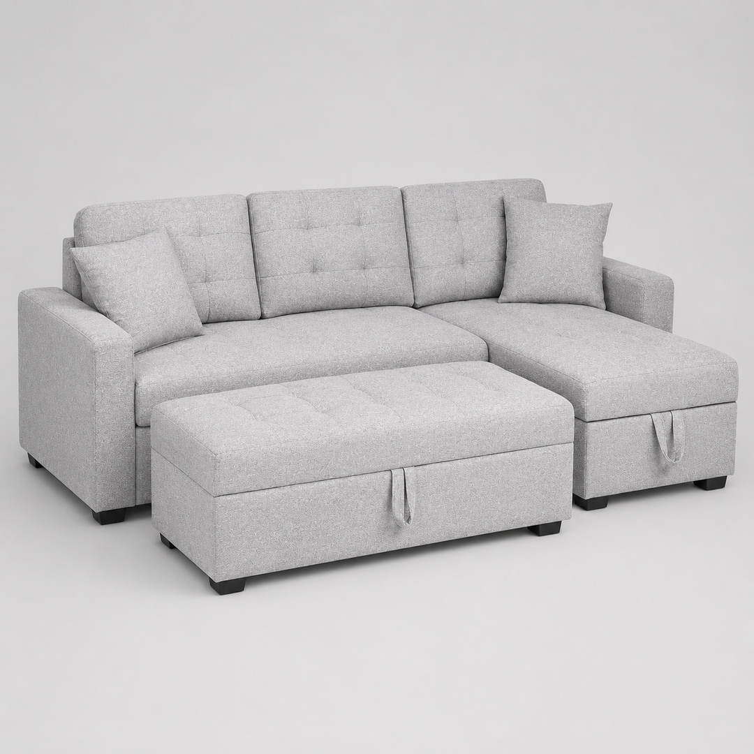Noelle Fabric Upholstered Sectional Sofa With Oversized Ottoman - Light Grey | Timeless, Sleek, Comfortable, Durable, Reversible & Smart Storage