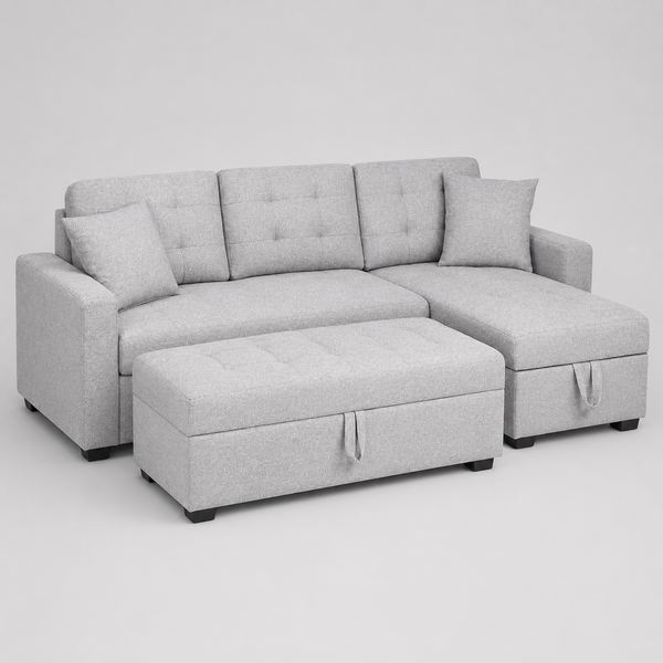 Noelle Fabric Upholstered Sectional Sofa With Oversized Ottoman - Light Grey | Timeless, Sleek, Comfortable, Durable, Reversible & Smart Storage