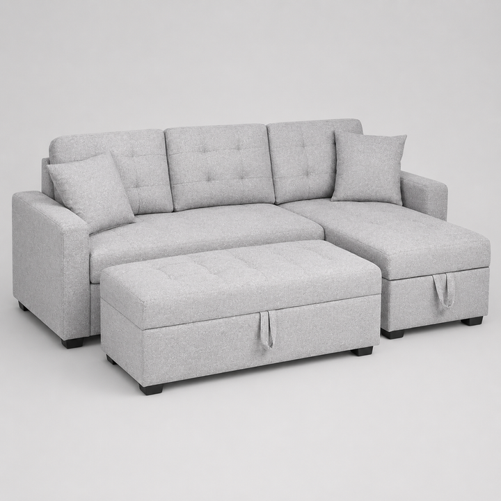 Noelle Fabric Upholstered Sectional Sofa With Oversized Ottoman - Light Grey | Timeless, Sleek, Comfortable, Durable, Reversible & Smart Storage